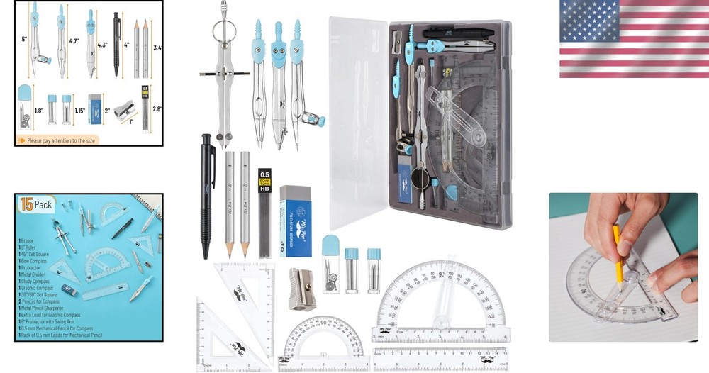 Light Blue 15-Piece Geometry Tools Set with Storage Case for Easy Organization