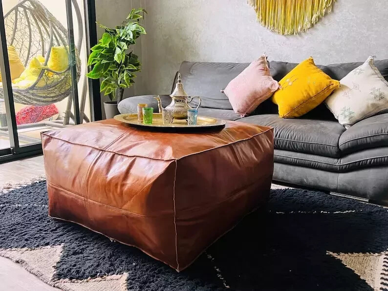 Square Goat Classic Moroccan Footstool Boho Leather Handmade Ottoman Pouffe