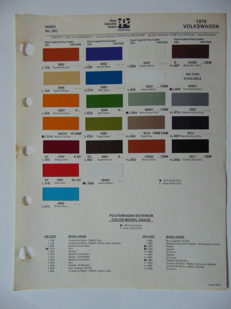 Original 1978 Ditzler Volkswagen Paint Chips Sheet