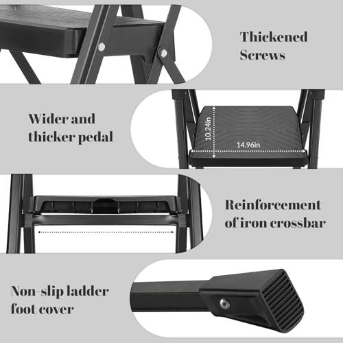 5 Step Ladder, Foldable Handrail & Tool Tray Stool Ladders with 5 step Black