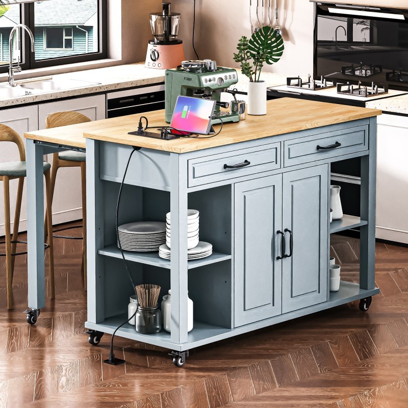 Kitchen Island with Extendable Dining Table, Rolling Wheels, Storage, Power