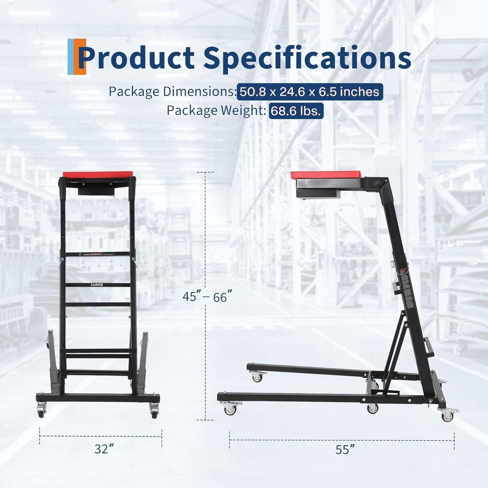Automotive Engine Creeper Heavy Duty Foldable Creeper 45"-66" With Storage Pouch