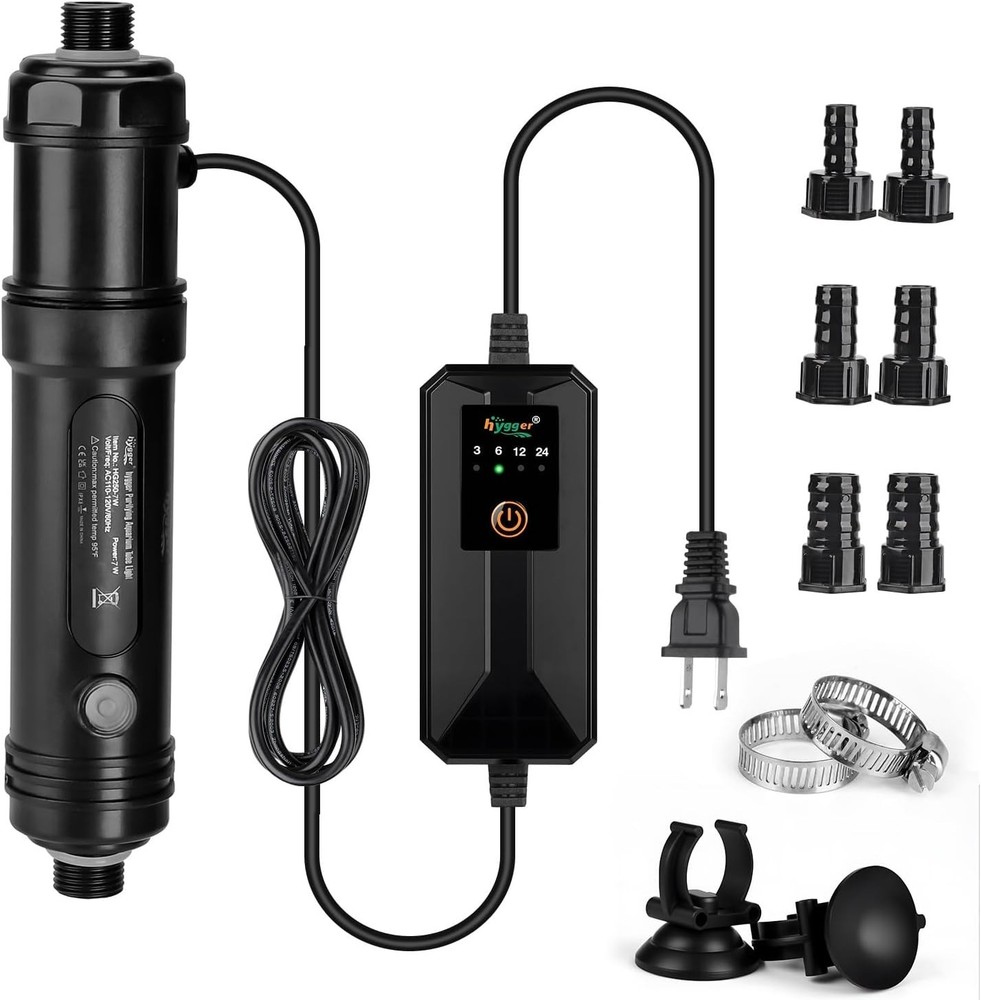 Compact U-V Light for Freshwater & Saltwater Aquariums - 7W with Timer & Shield