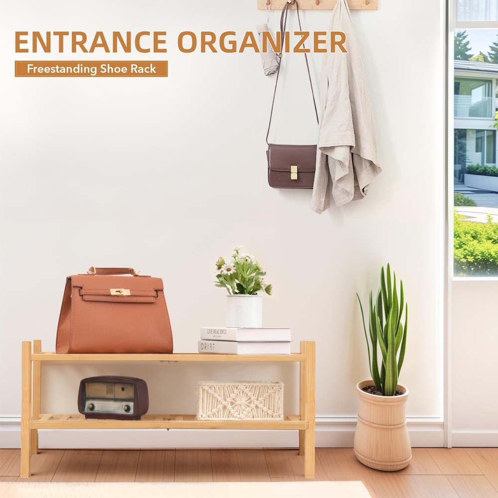 2 Tier Bamboo Shoe Rack Storage Organizer for Closet, Multifunctional Stackab...