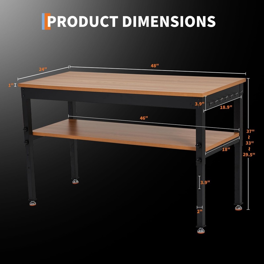48" Adjustable Workbench with Storage Shelf & Power Outlet, 2500 LBS Heavy-Duty
