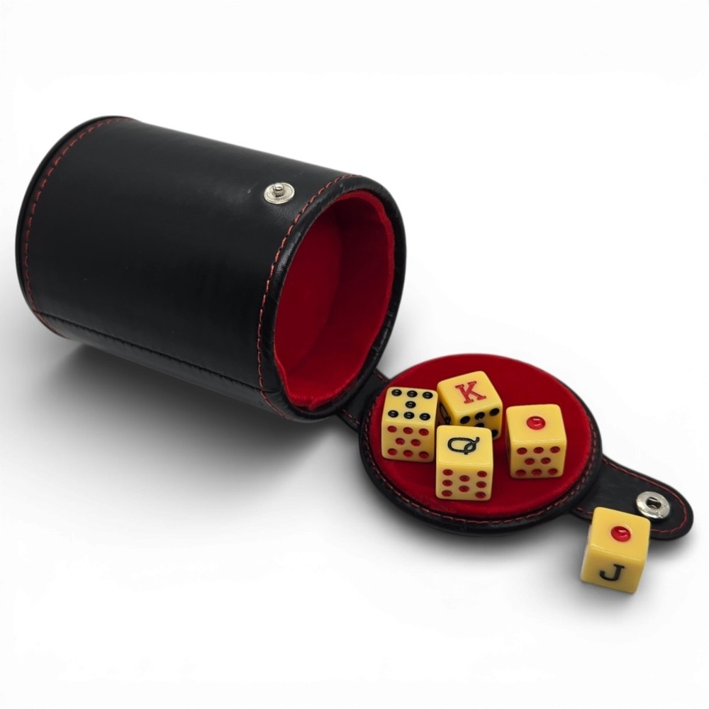 Premium Spanish Poker Dice PU Leather Black Felt Lined Cup w/Storage Compartment