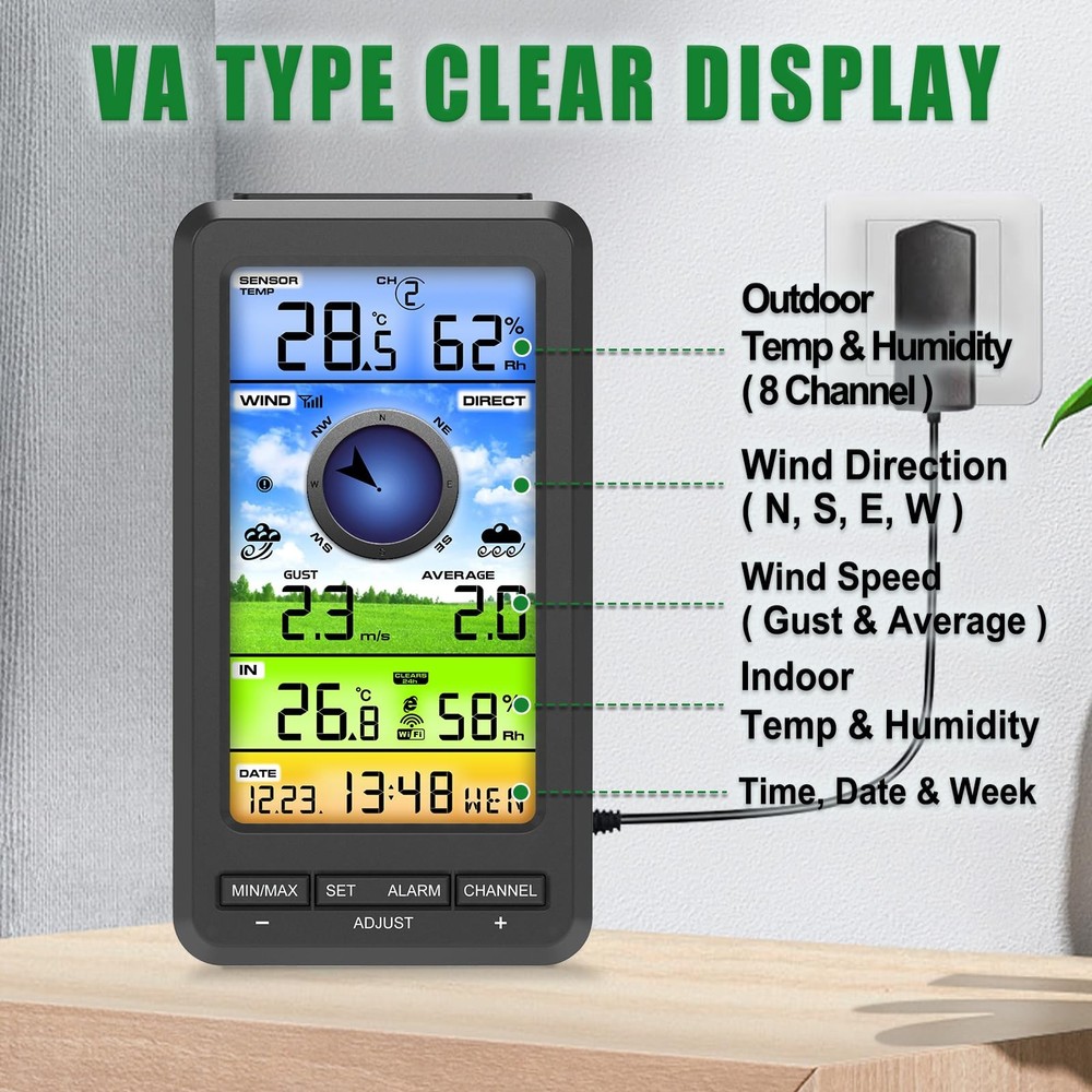 Wireless WiFi Weather Station Anemometer with Solar Wind Speed/Direction, and...