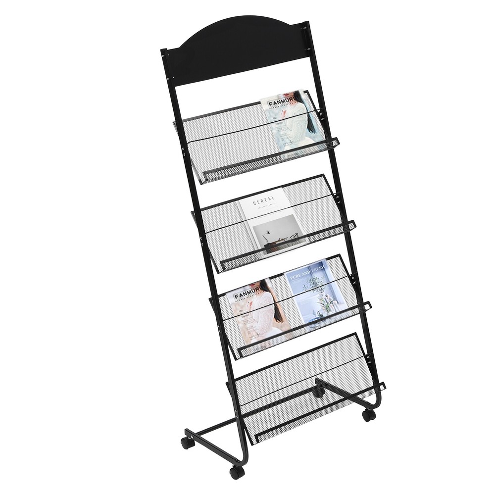 Floor-Standing Magazine Rack,4-Layer Metal Wheeled spaper Document Rack