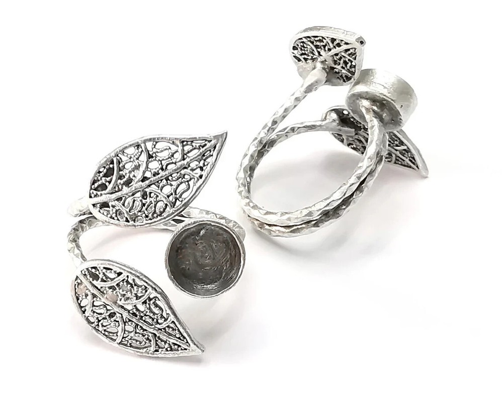 Leaf Ring Setting Blank Cabochon Mounting Adjustable Base Bezel Antique Silver