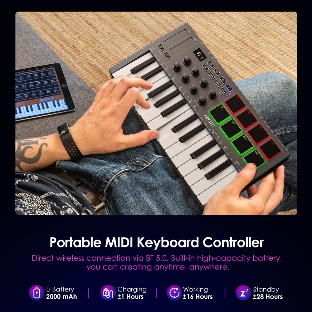 LEKATO 25 Key MIDI Keyboard Controller Bluetooth Velocity-sensitive Key Keyboard