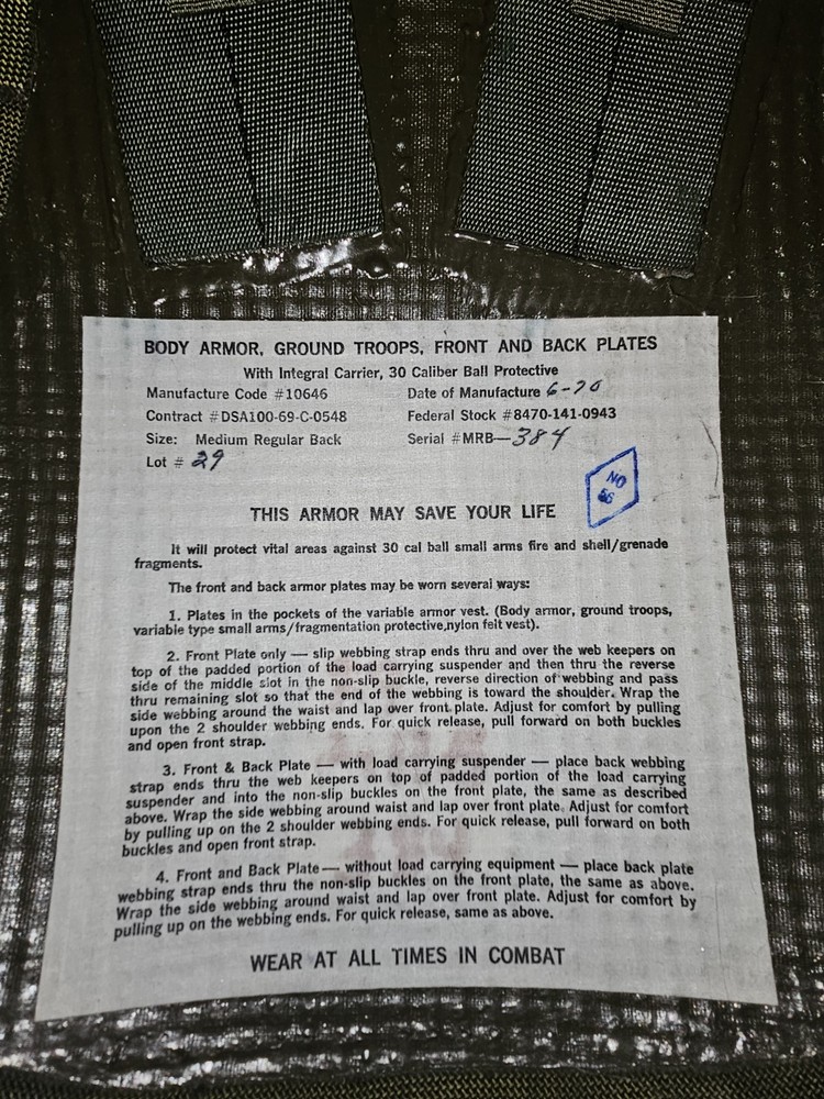 Vietnam War Variable Body Armor w/ inserts Med Regular
