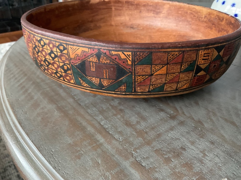 Large 10” Intricate Hand Painted Peruvian Ceramic Red Clay Bowl