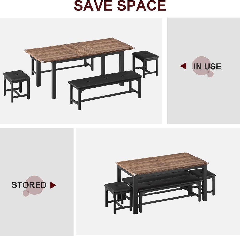 Extendable Dining Table Set 47"-63", 5 Piece with Upholstered Benches for 6-8
