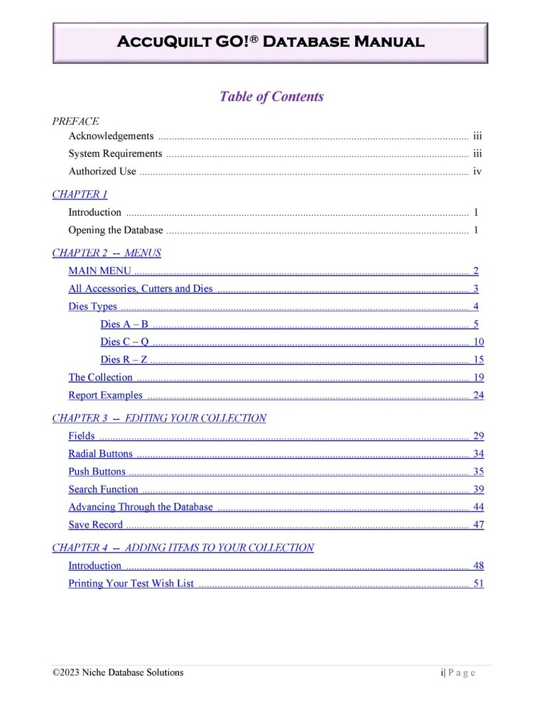 AccuQuilt GO! Accessories, Cutters & Dies Pre-Loaded MS ACCESS Database & Manual