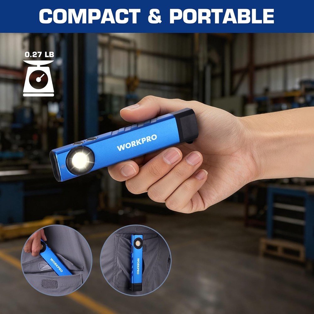 WORKPRO Rechargeable LED Work Light 600 Lumens Flat Pocket Flashlight w/UV Light