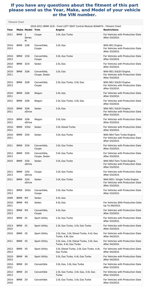 2010-2011 BMW 323I - Front LEFT SEAT Control Module 9264974