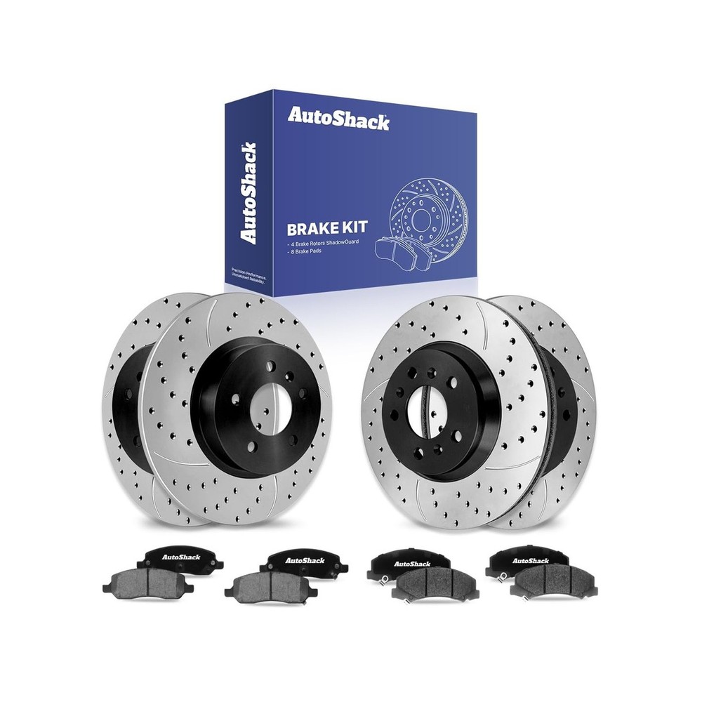 AutoShack Front Vented & Rear Solid Drilled & Slotted E-Coated Brake Rotors +...