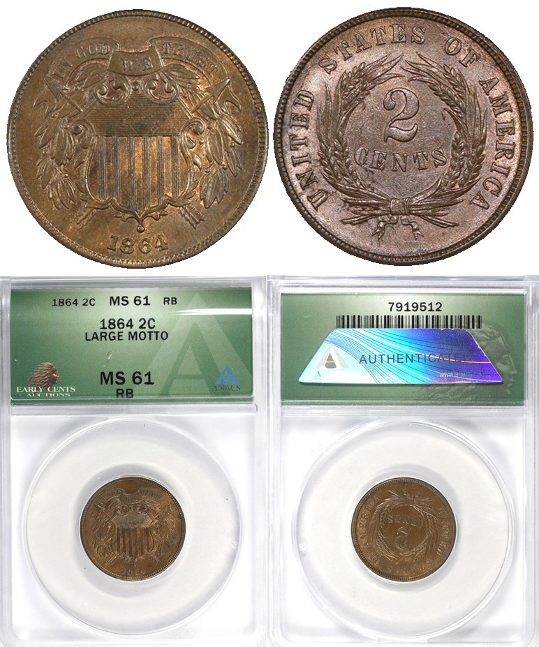 1864 2c Large Motto Two Cent Piece ANACS MS 61 RB