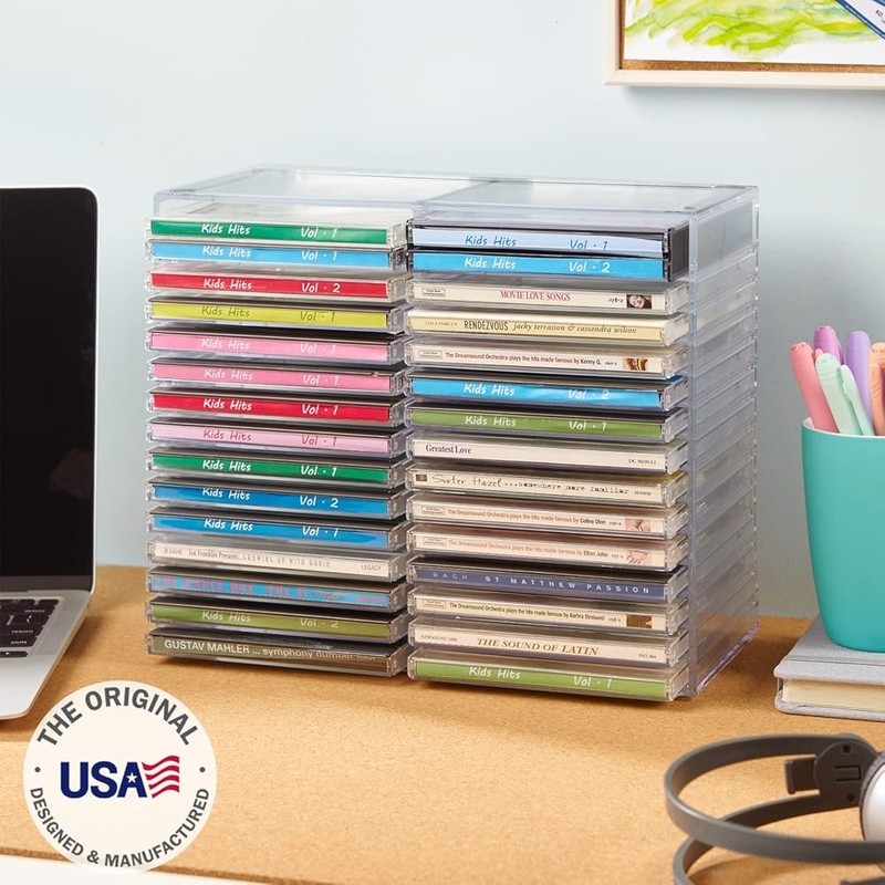 Stackable Clear Plastic CD Organizer w/Rubber Feet Rectangular Jewel Case Holder