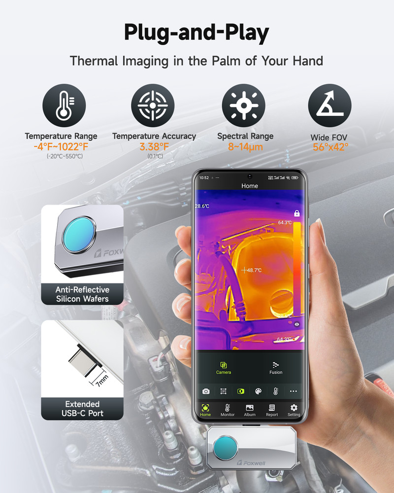 FOXWELL RT100 25Hz Reframe Rate Thermal Imaging Camera for USB-Type C Android US