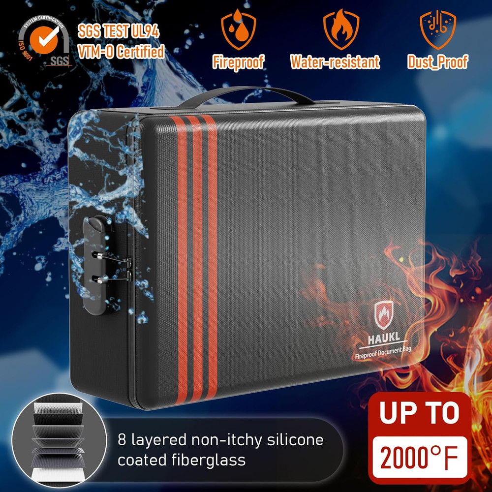 Fireproof Document Box with Lock, Hard Case Files Safe Organizer, 8-Layer Firepr