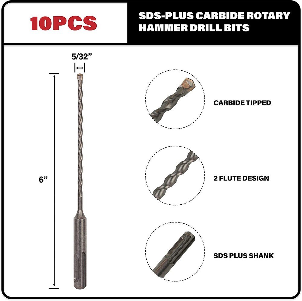 10PC 5/32" X6" Drill Bit Set SDS Plus Rotary Hammer Concrete Masonry Carbide Tip