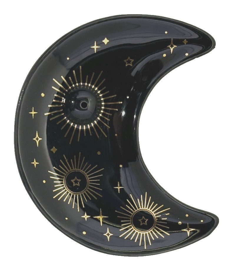 Crescent Moon Celestial Black and Gold Ceramic Incense Holder NEW