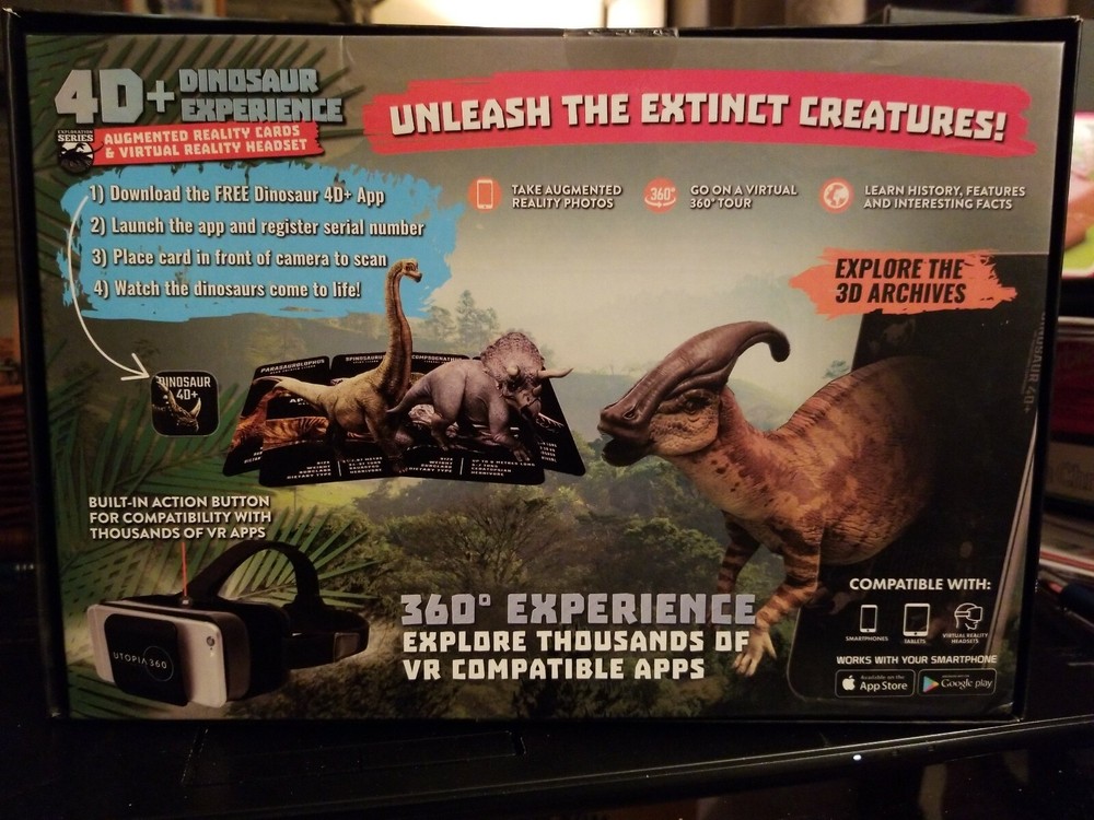 NEW 4D+ Dinosaur Experience Augmented Reality Cards + VR Virtual Reality Headset
