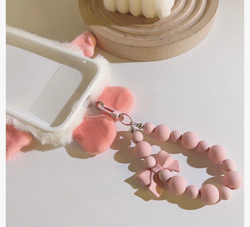 Vibrant Pink Bead Key Chain with Bow for Phone, Keys, Ear Buds Ect