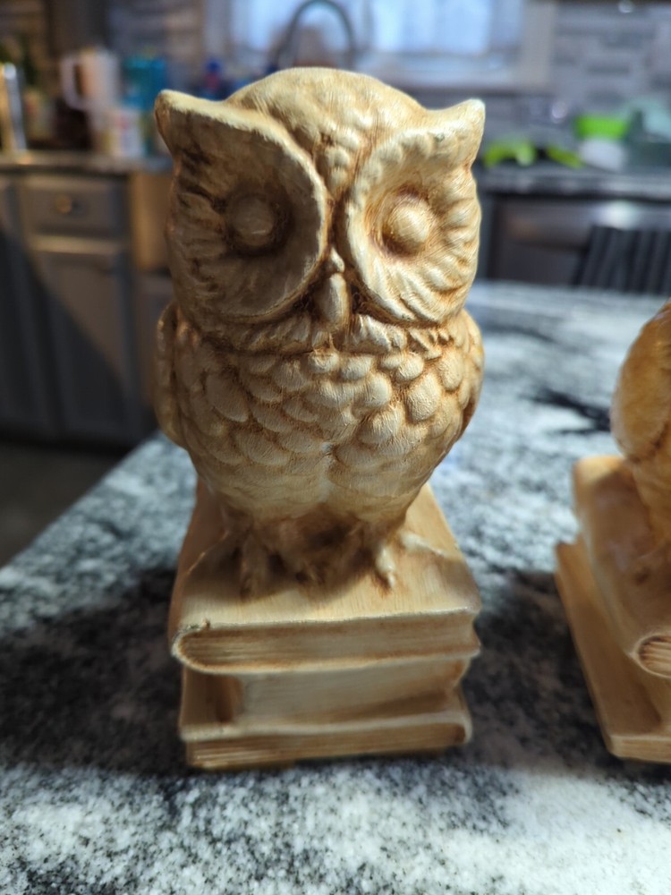 VTG MCM Chalkware Owl Bookends Sitting on KNOWLEDGE Books