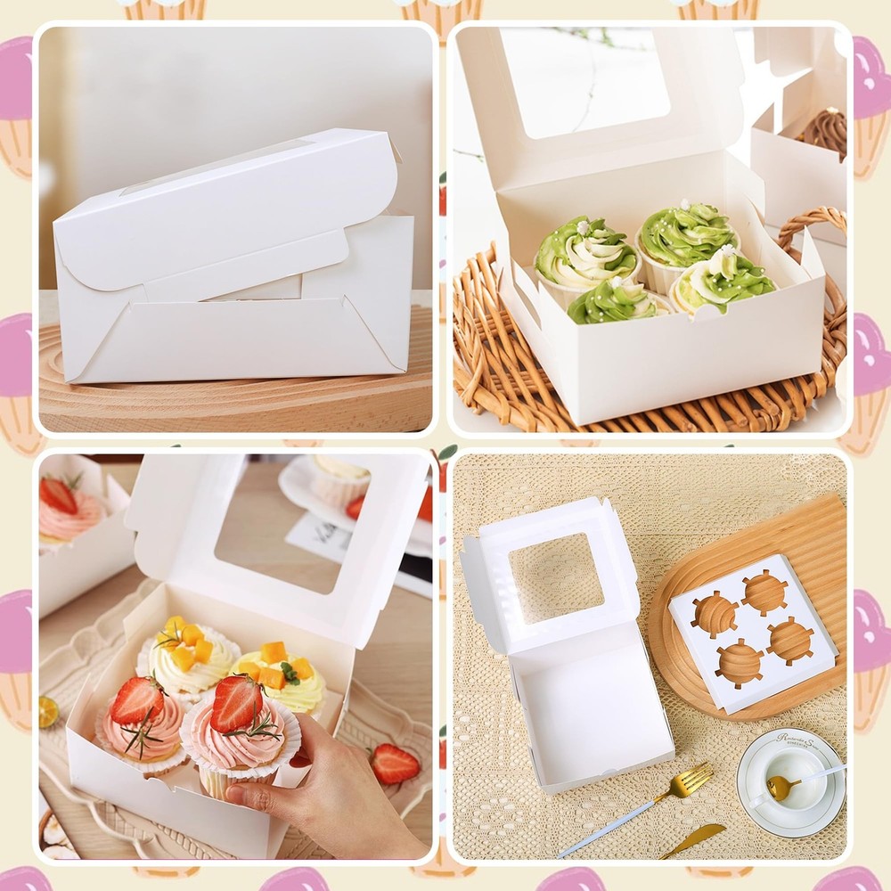 MUMULULU 8 PCS White Paper Cupcake Boxes with 4 Cavity Cookie Gift Boxes with...