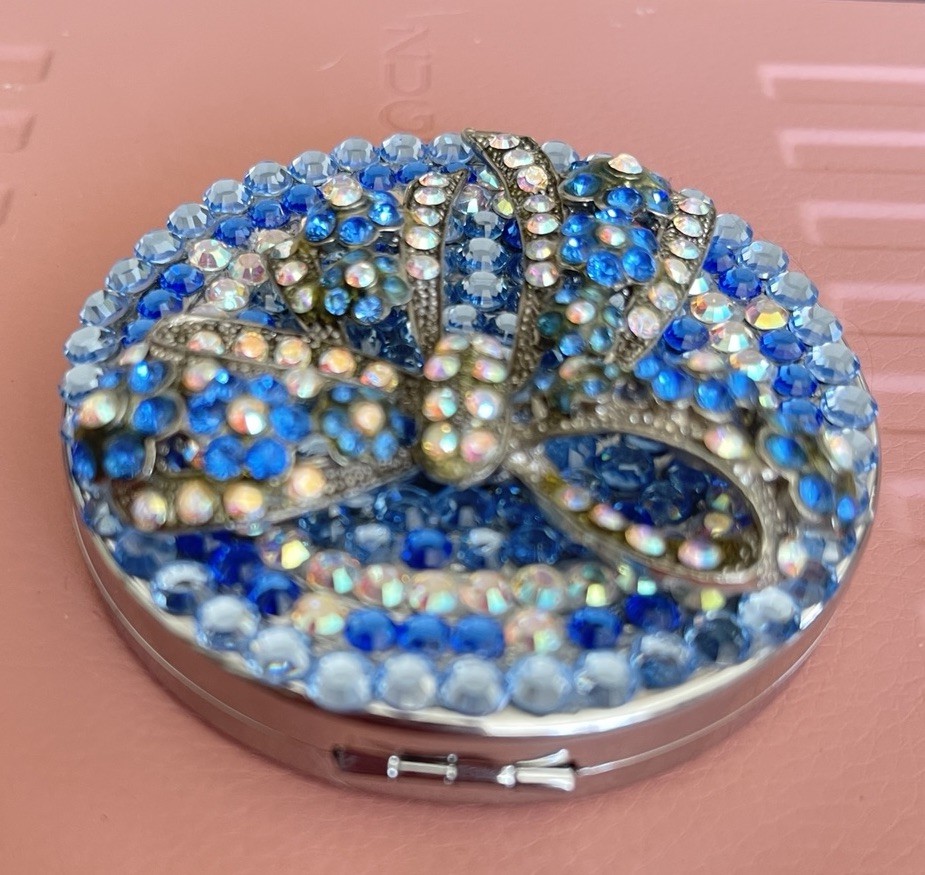 Embellished Luxury Compact Silver Tone Blue Pink Stones