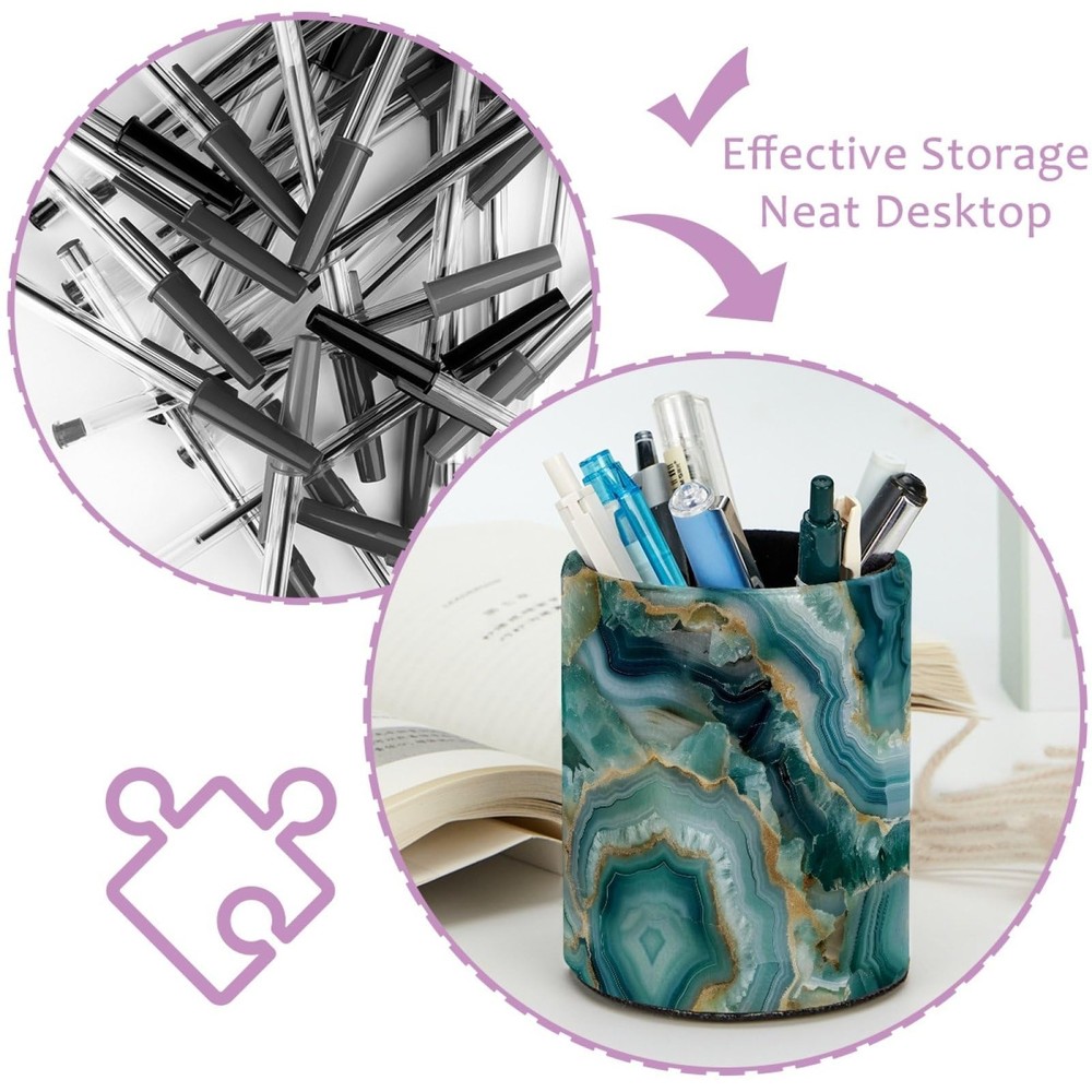Leather Pen Holder for Desk, Teal Agate Pattern Pencil Organizer Makeup Brush...