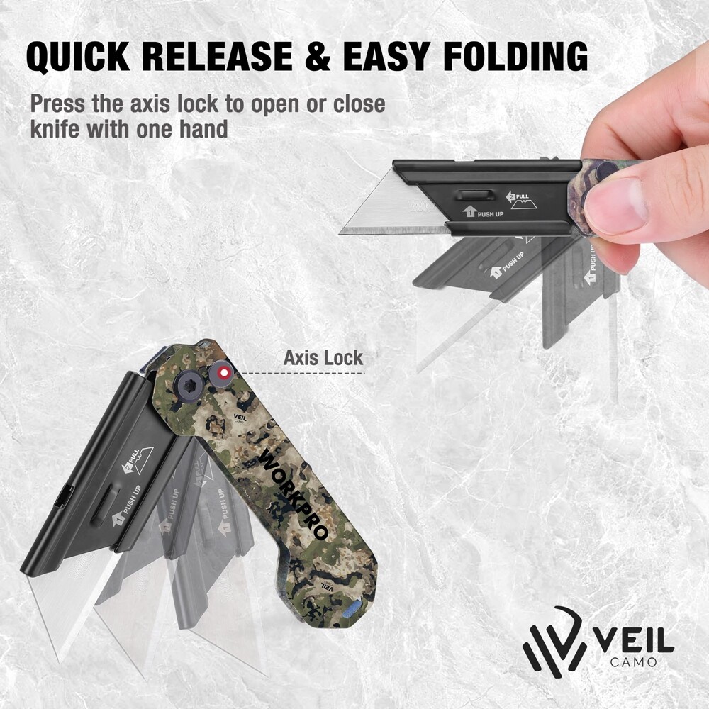 WORKPRO 3PACK Folding Utility Knife Set Axis Lock Box Cutter with Belt Clip Camo