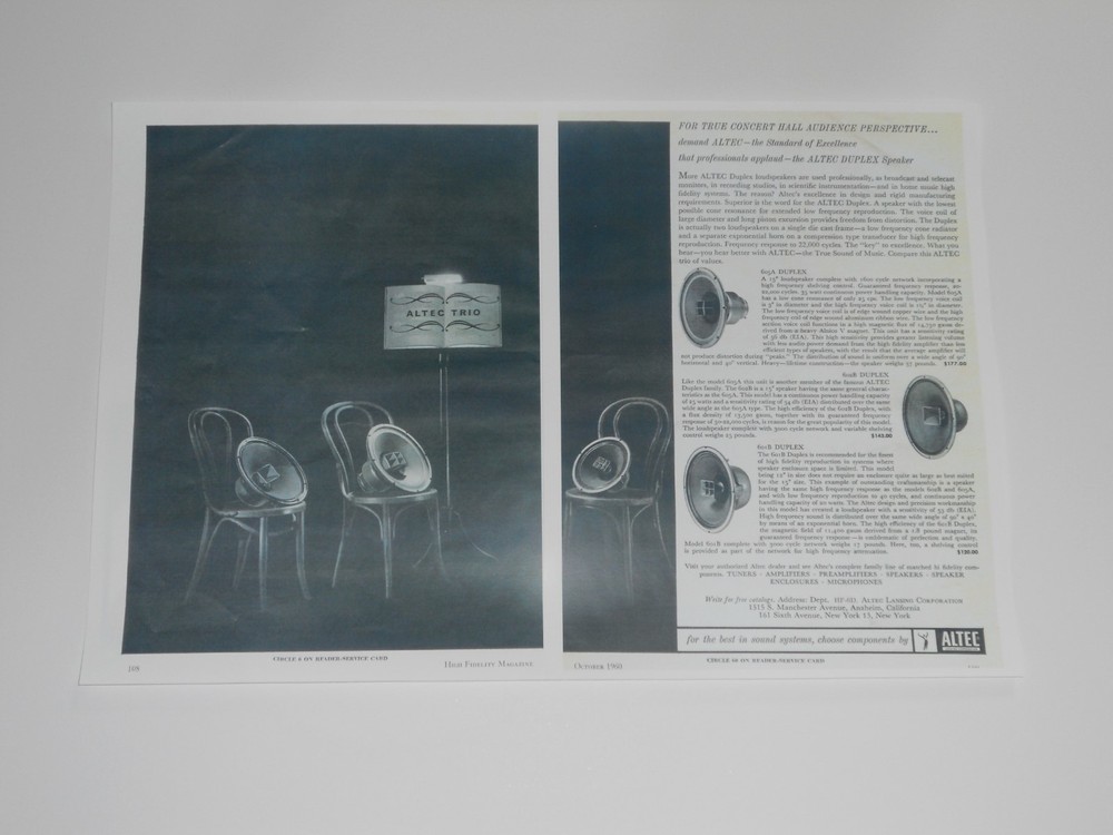 Altec Lansing Duplex Ad, 605a, 602b, 601b, 1960, 2 Pages Article + Info