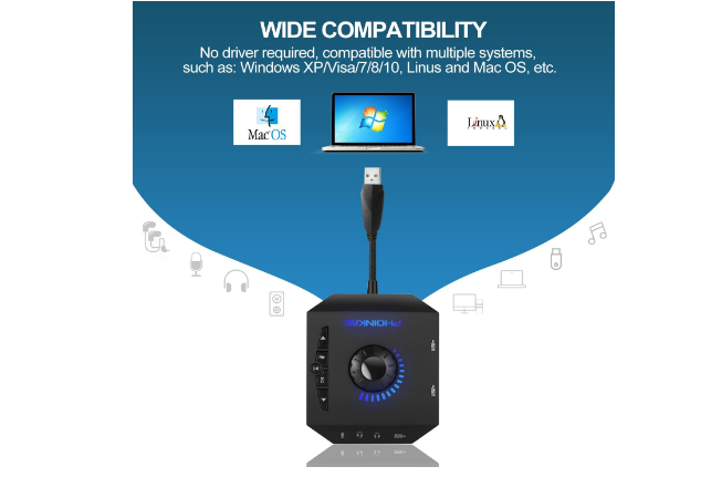External Sound Card, PHOINIKAS USB Audio Adapter for PC Windows, Mac, Linux, Lap