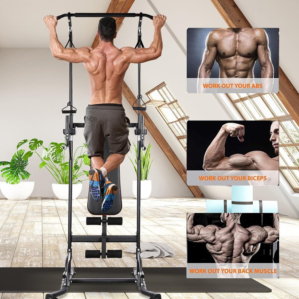 Power Tower with Bench Pull Up Bar Dip Station Gym Strength Training Adjustable