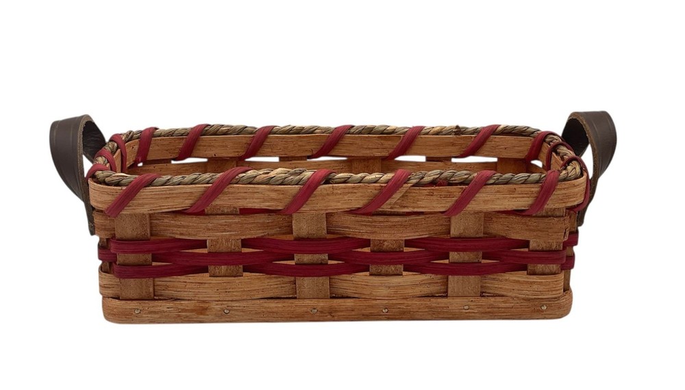 Amish Cracker Basket Server Solid Oak Handwoven With Genuine Leather Handles