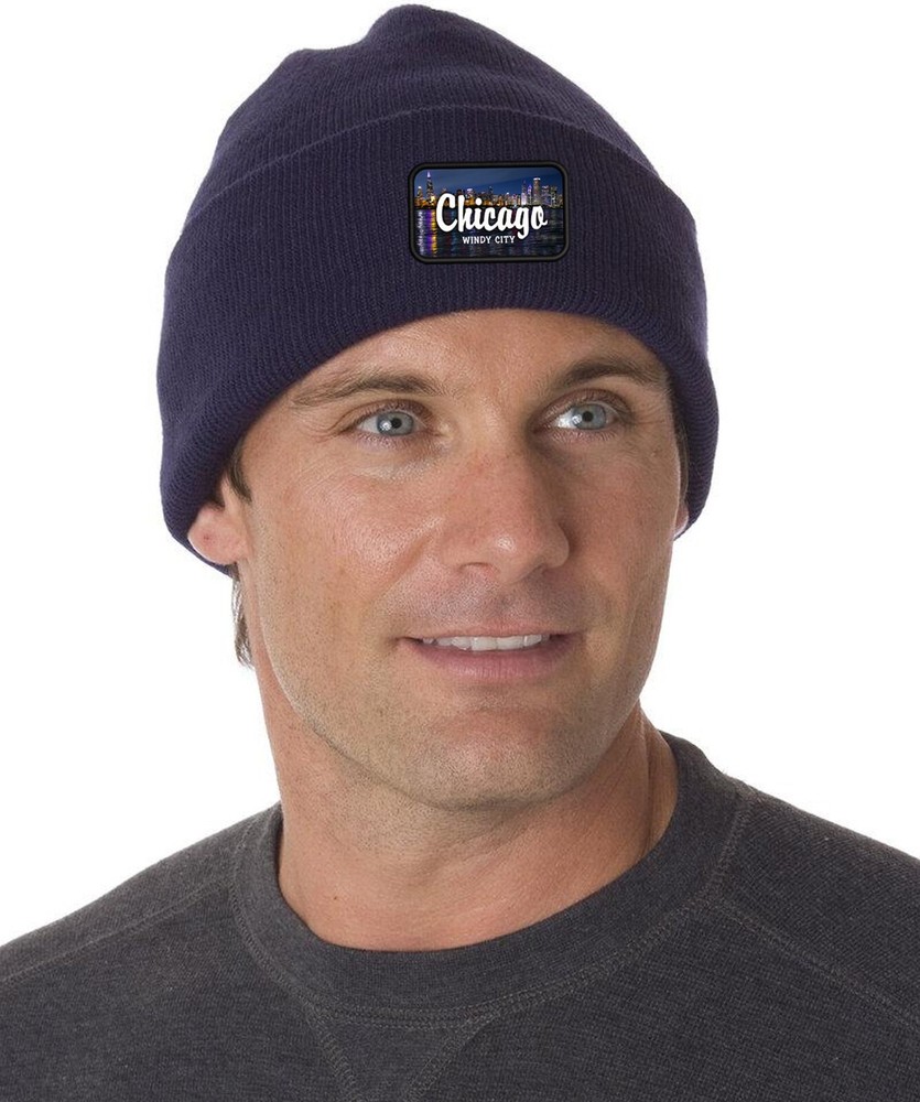 Chicago Skyline Windy City Patch Cuffed Knit Hat Navy