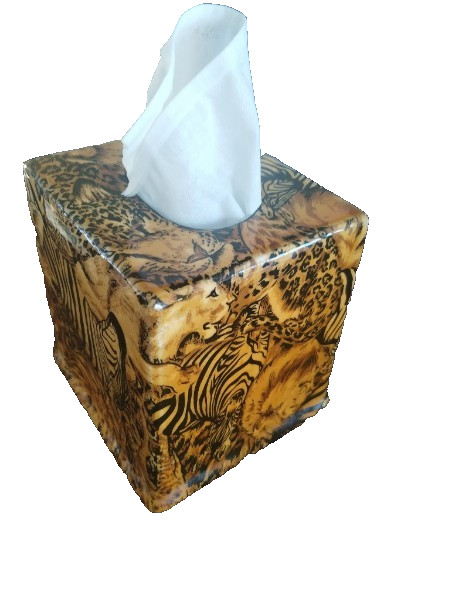 wild animal print patchwork tissue box cover resin over fabric