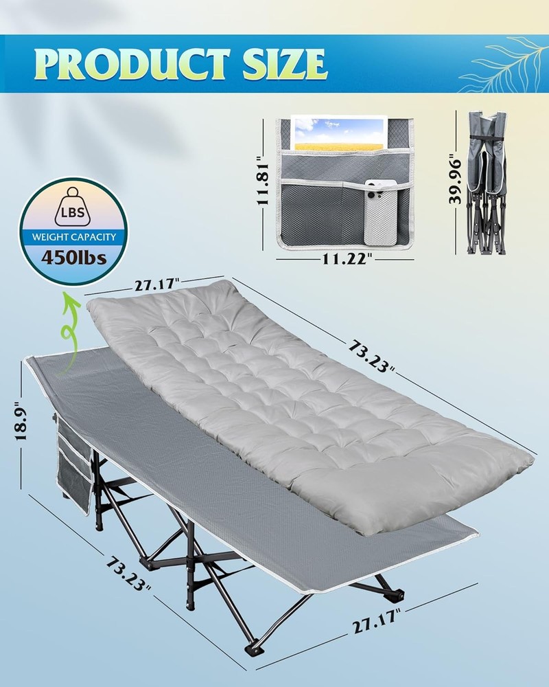 1200D Double Layer Oxford Camping Cots W/ Mattress Adults Foldable Cot Sleeping