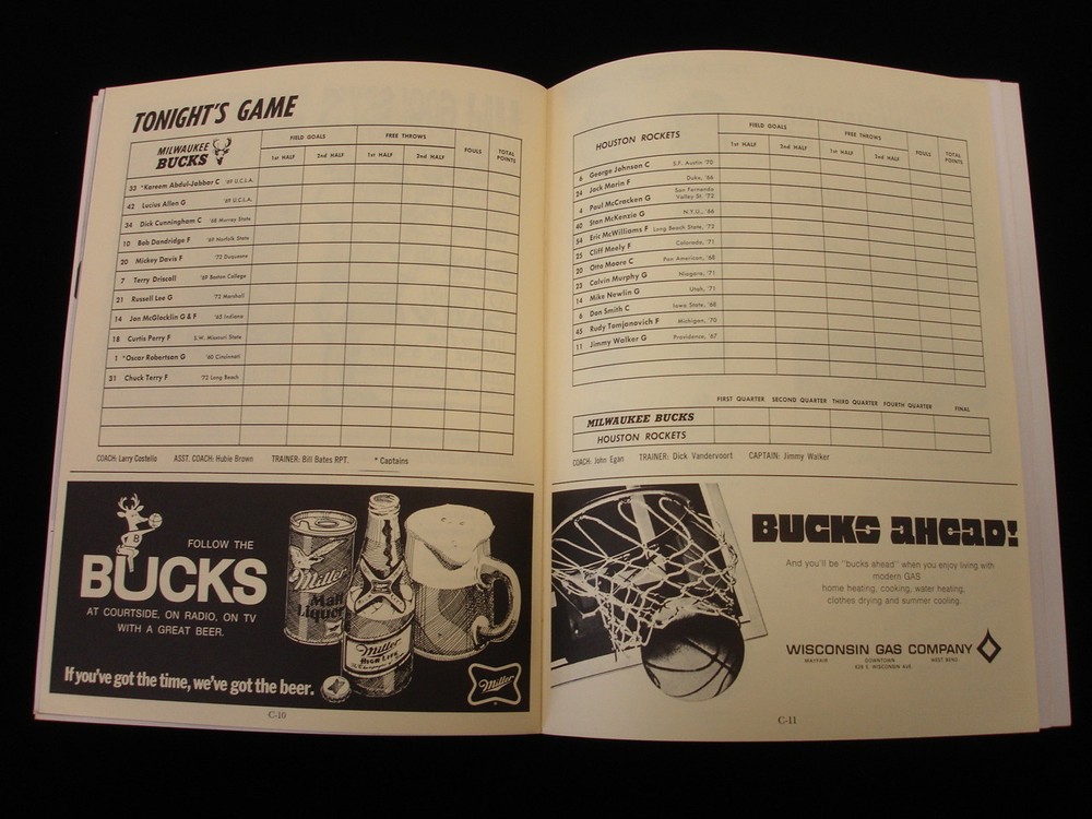 February 16, 1973 Houston Rockets @ Milwaukee Bucks NBA Program
