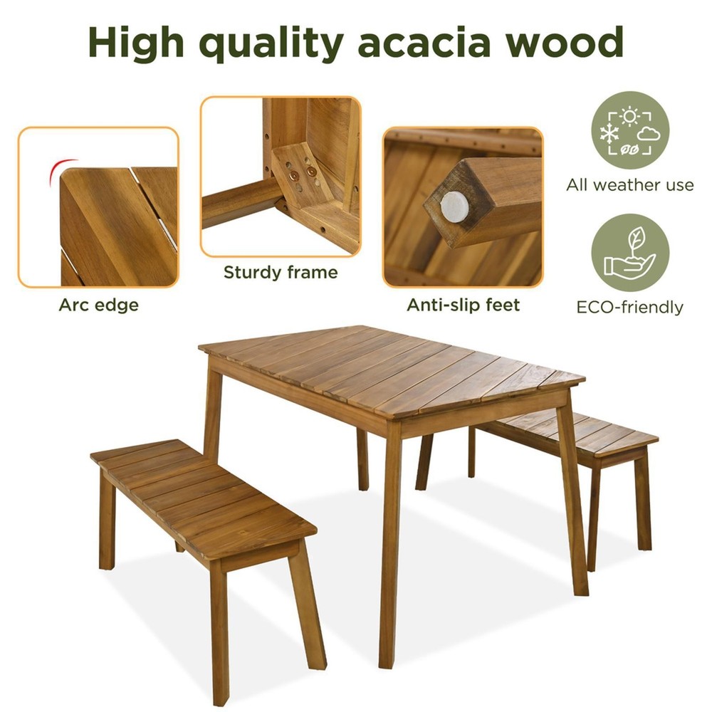 GO Acacia Wood Dining Set: 3-Piece Table & Bench with Adjustable Stability