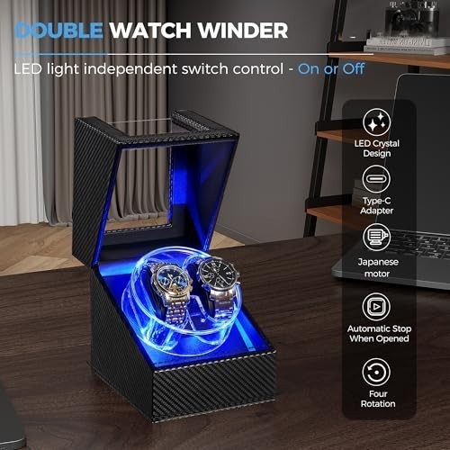 Automatic Watch Winder Box with LED Design, 4 Modes, Super Quiet Motor, Type-C A
