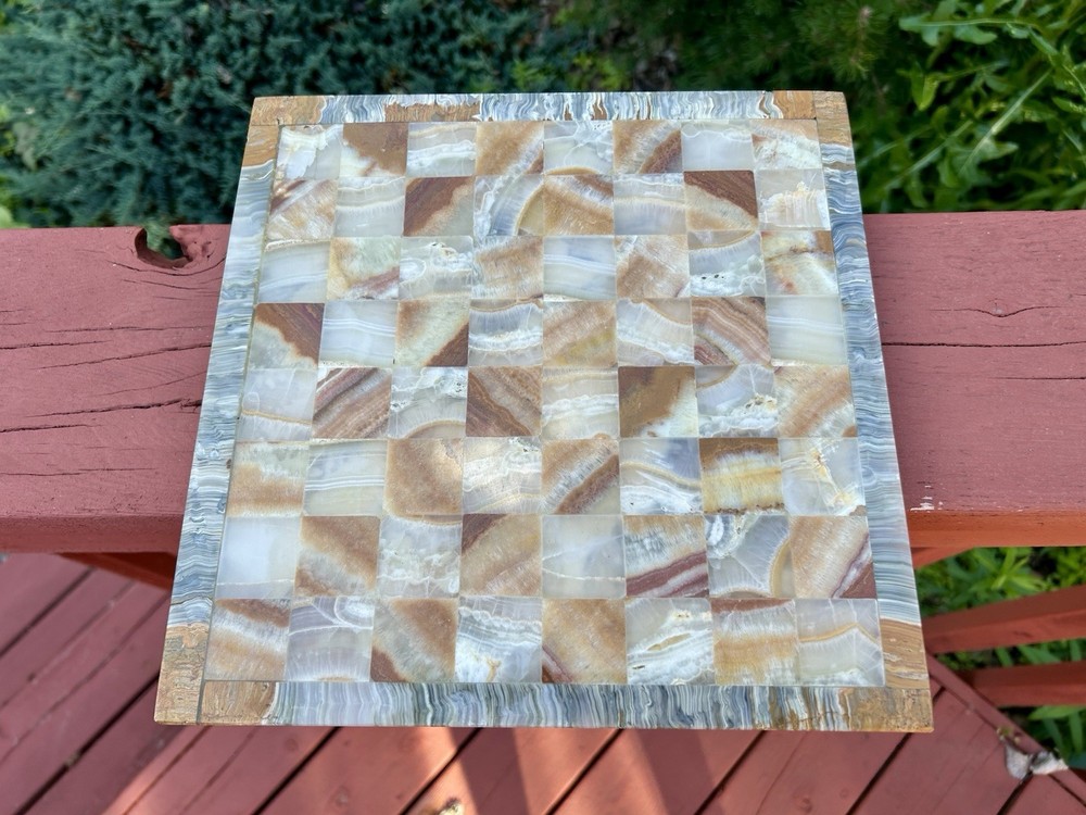 Vintage Brown & Grey All Marble Stone Square Complete Chess Set. Heavy