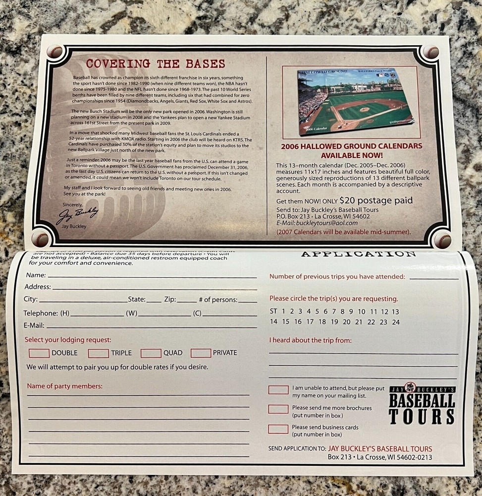 Jay Buckley's 2006 Baseball Tours Brochure
