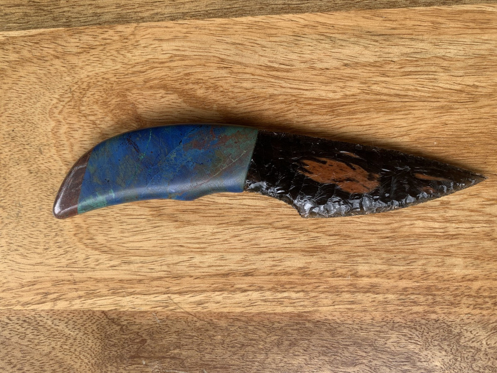 Custom Obsidian Knife. Tommy Masingale. Deep Blue Azurite Handle. Tripleflow