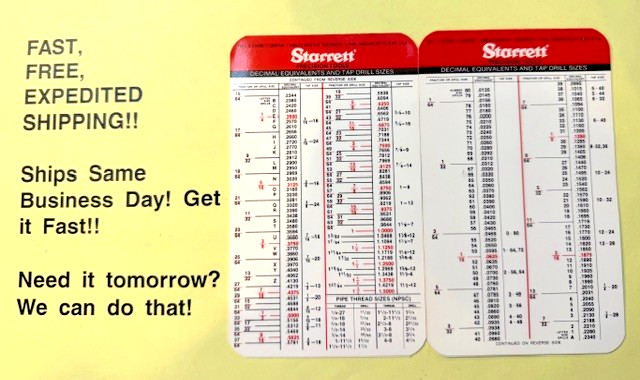 Starrett Decimal Equivalent/Tap Drill Size Chart; FREE SAME DAY USPS SHIPPING!