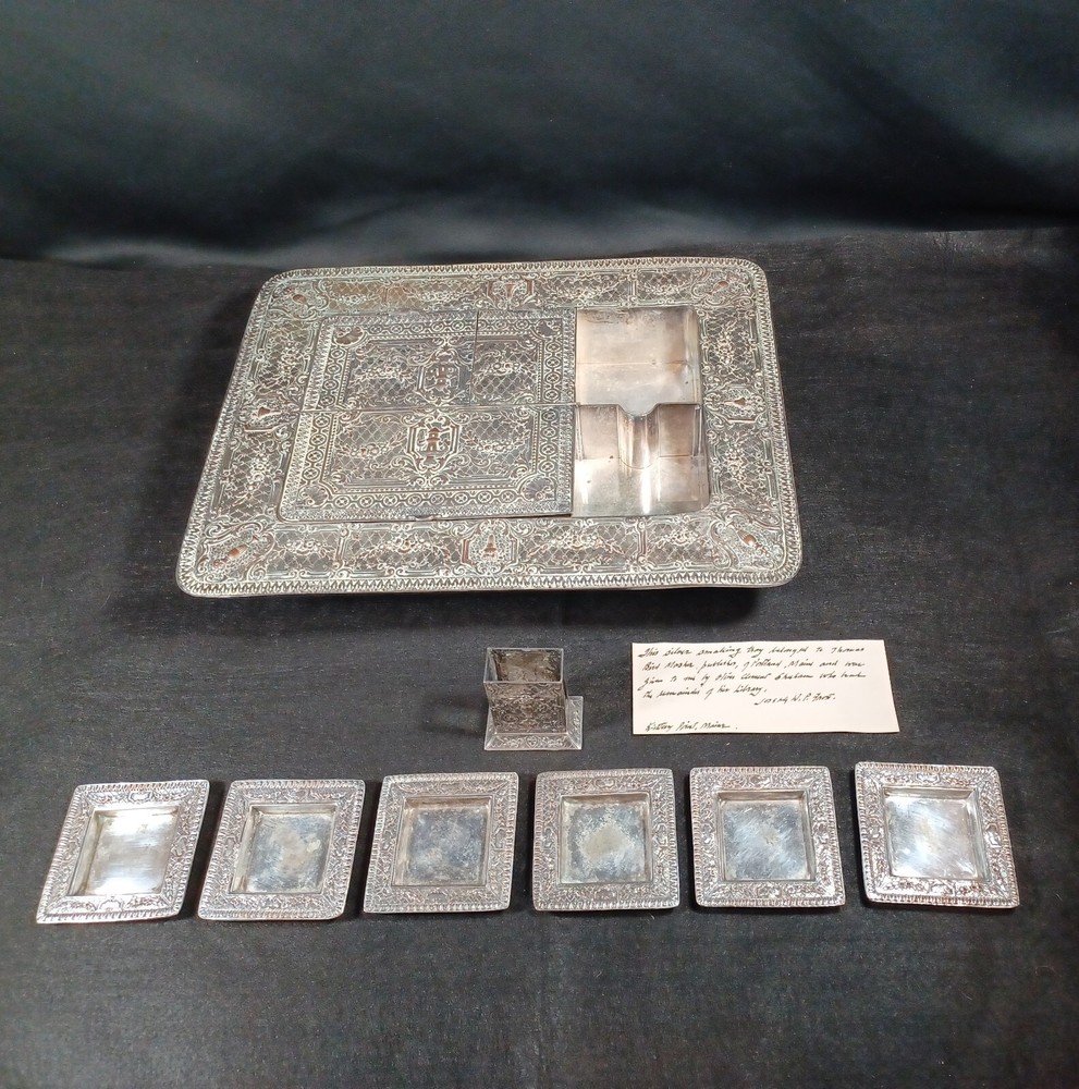 Antique 19th C 8pc Silverplate Smoking Set E.G Webster & Son Lighthouse-Ashtrays