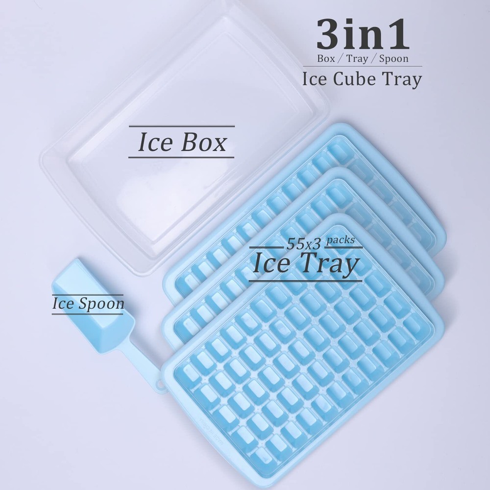 3 Pack Blue Ice Trays & Lids, 1 Ice Bin & 1 Ice Scoop, Easy Release, Save Space